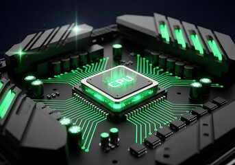 Cutting-edge CPU with glowing green circuit paths for futuristic technology concepts and digital innovation
