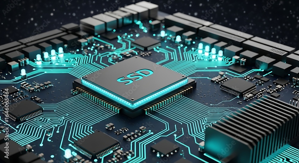 Poster cutting-edge ssd technology with vibrant teal circuits for modern computing solutions and data stora