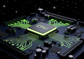 Stunning CPU processor with glowing green circuits for cutting-edge technology applications and innovation projects
