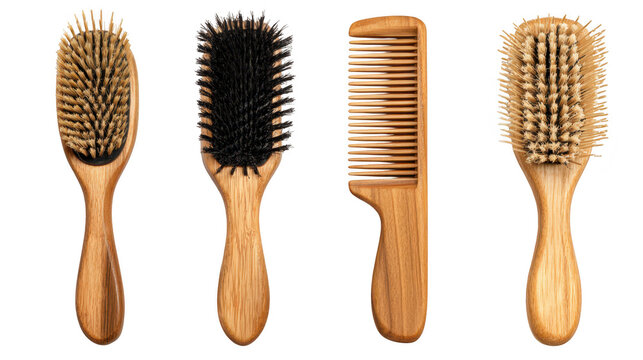 Array of wooden brushes, natural cleaning and grooming tools wooden
