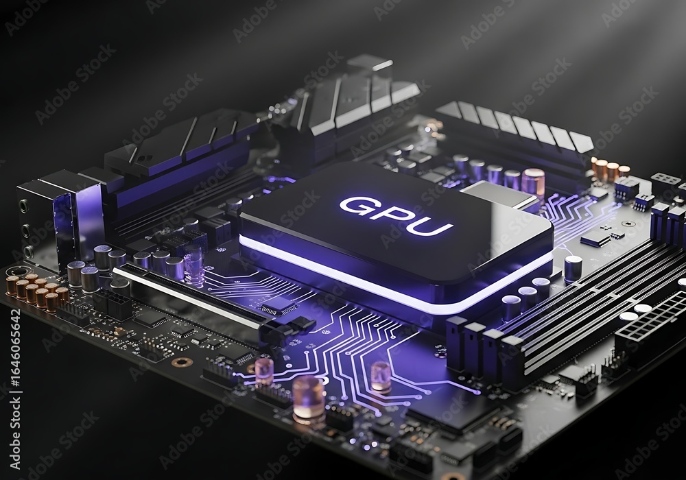 Aufkleber high-tech gpu on motherboard for powerful computing and gaming performance with vibrant neon glow