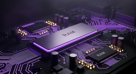 Modern RAM modules glowing with violet light, ideal for tech, gaming, and cutting edge computer hardware