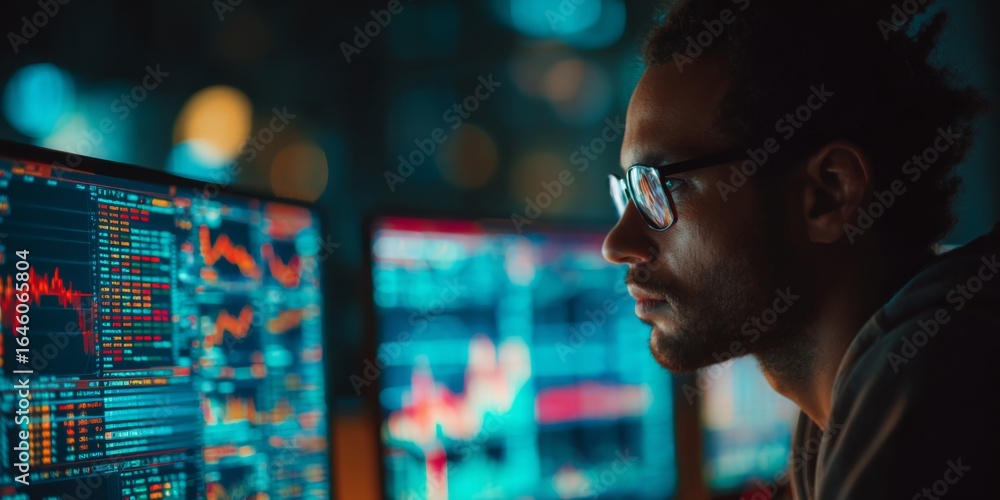 Poster focused young analyst examining financial data on multiple screens to make informed decisions in a d