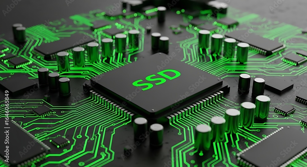 Poster cutting-edge ssd technology with vibrant green circuit design for ultimate speed and performance upg
