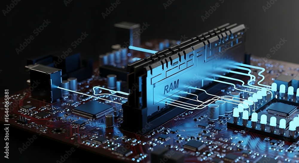 Poster high tech ram module on a circuit board glows with a futuristic blue light, perfect for technology c
