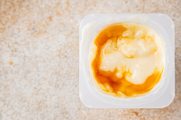Rice pudding caramel syrup sweet dessert snack fresh delicious gourmet food background on the table...