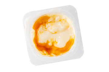 Rice pudding caramel syrup sweet dessert snack fresh delicious gourmet food background on the table...
