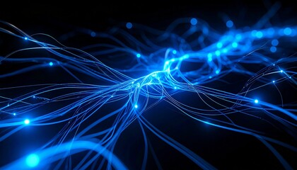 Abstract 3D render of glowing neural network lines over a sleek black background