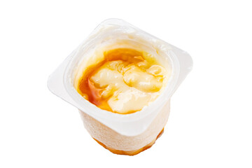 Rice pudding caramel syrup sweet dessert snack fresh delicious gourmet food background on the table...