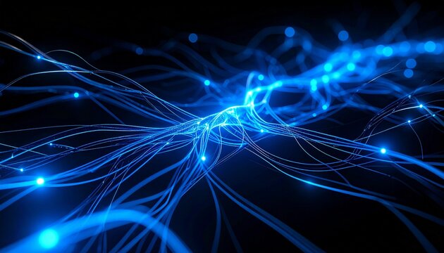 Abstract 3D render of glowing neural network lines over a sleek black background