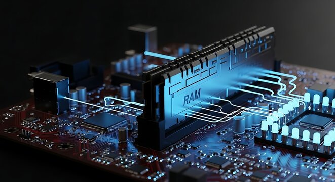 High tech RAM module on a circuit board glows with a futuristic blue light, perfect for technology concepts