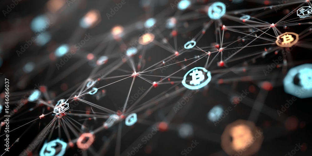Poster abstract digital background illustrating cryptocurrency network connections with glowing nodes and s