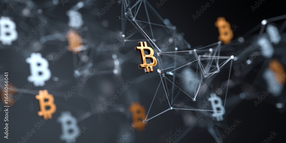 Poster abstract representation of cryptocurrency with interconnected nodes and bitcoin symbols against a da