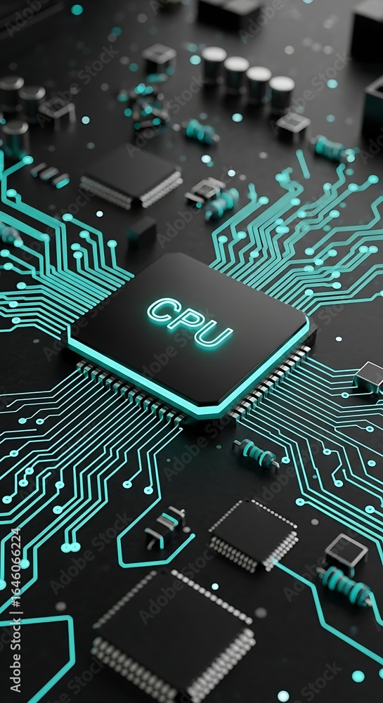 Poster modern cpu circuit board design with glowing blue lines for tech, engineering, and innovation concep