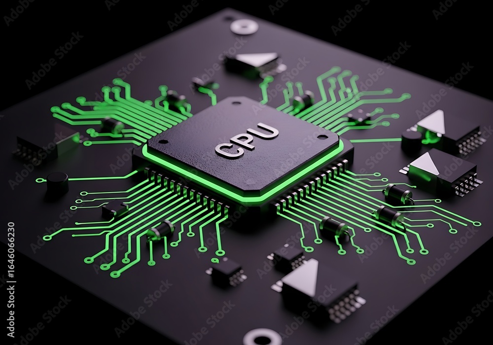 Poster cutting-edge cpu technology with glowing green circuit design for modern computing solutions and inn