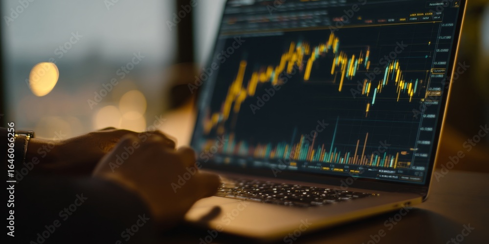 Aufkleber hands typing on a laptop with trading chart on screen showing fluctuating market trends and trading 