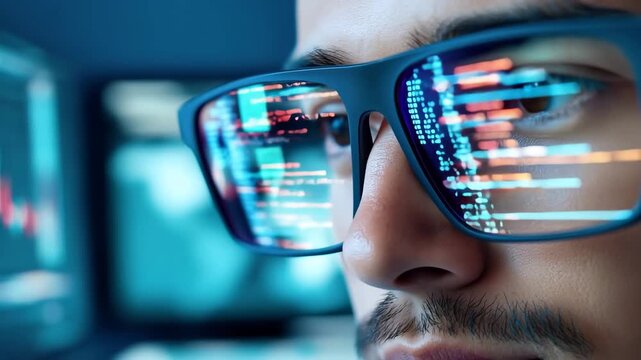 Close up of man with glasses reflecting computer code, focused expression, technology, programming, digital screen, software