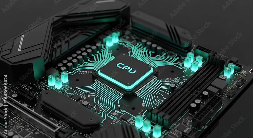 Poster modern cpu motherboard with glowing circuits showcases tech innovation for powerful computing soluti