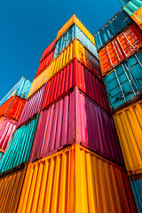 Fototapeta premium Stacked colorful shipping containers in a port on a sunny day