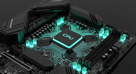 Fototapeta premium Modern CPU motherboard with glowing circuits showcases tech innovation for powerful computing solutions