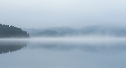 Obraz premium Gentle fog over a calm lake, soft gray and blue hues, tranquil texture