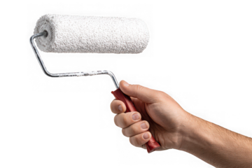 Hand holding white paint roller isolated on transparent background