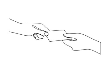 Two hands exchanging a blank card in a continuous line drawing single line exchange