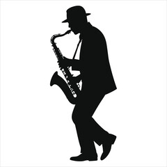 Naklejka premium Dynamic Silhouette of a Jazz Saxophonist Performing - Stylish Musician Playing Saxophone, Live Music Concept, Vector Illustration for Music Events & Album Art