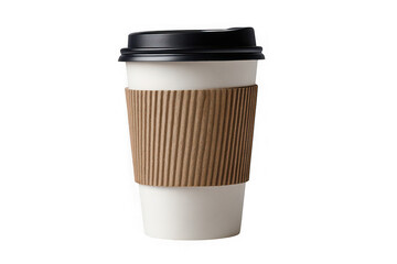 White coffee cup with black lid and sleeve isolated on transparent background