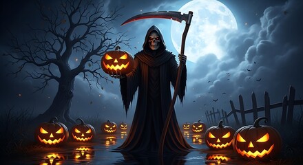 Grim Reaper with Jack-O-Lanterns in Spooky Halloween Night Scene with Full Moon