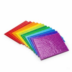Colorful padded bubble mailers in a rainbow spectrum on white