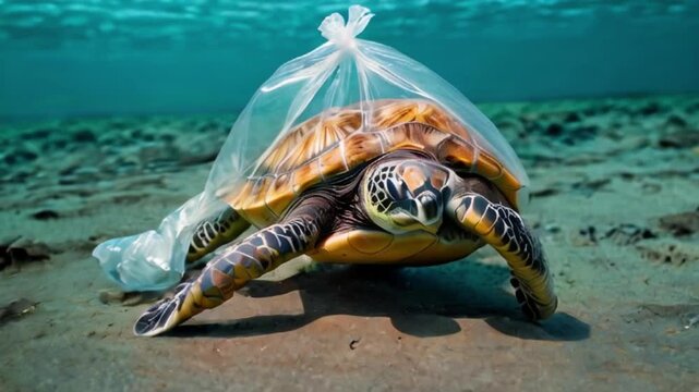 Sea Turtles can eat plastic bags mistaking them for jellyfish Sea turtle trapped in a plastic bag, Stop ocean plastic pollution concept created with generative ai	
