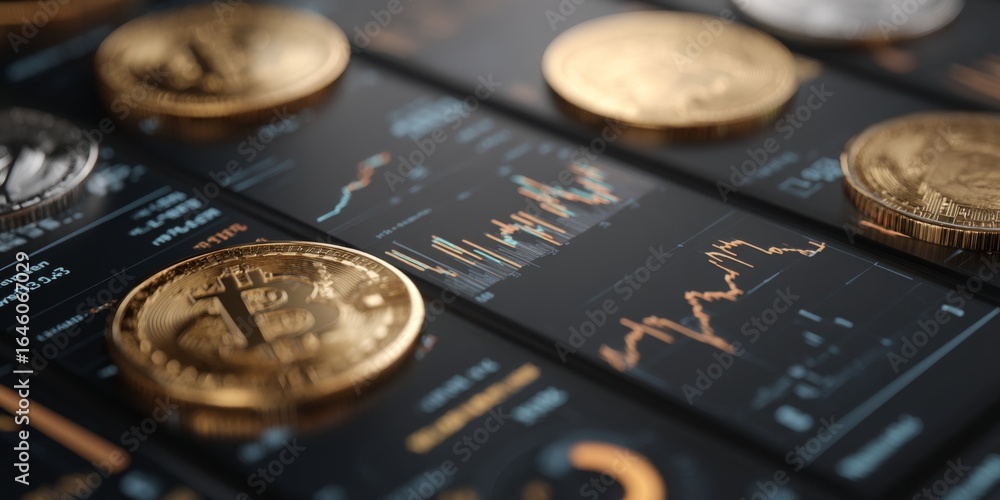 Aufkleber close-up view of cryptocurrency coins on digital screen with charts and graphs displaying market tre