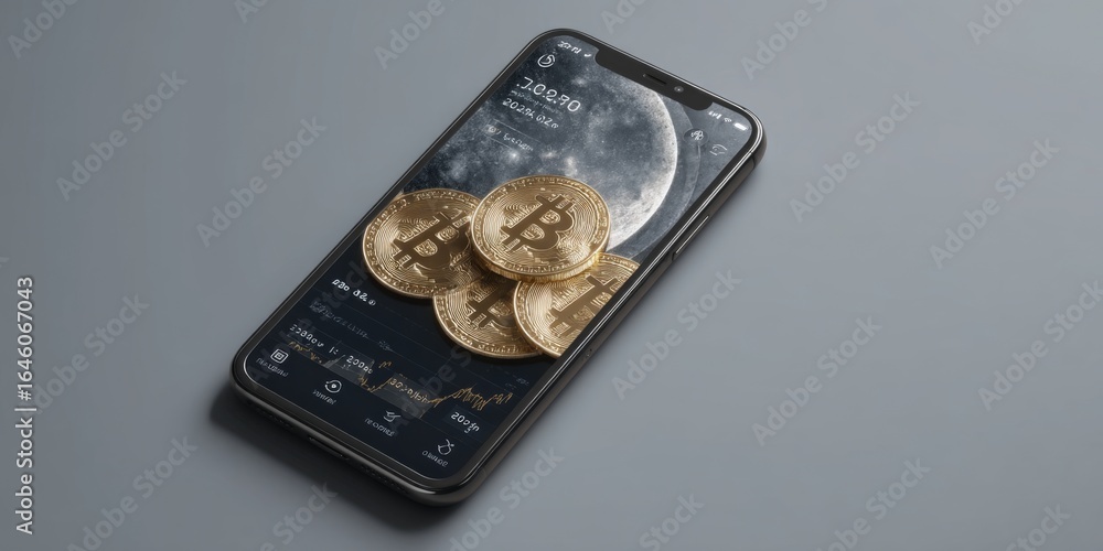 Poster close-up of mobile phone displaying cryptocurrency data with bitcoin coins in front against a textur