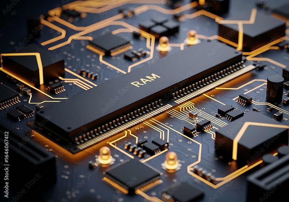 Fototapete modern ram module with illuminated circuit paths offers powerful technology solutions for computers 