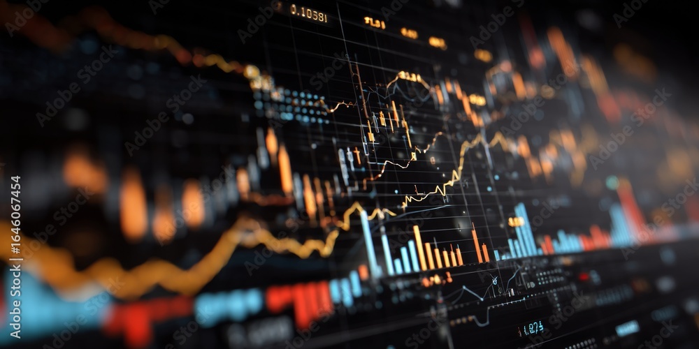 Poster dynamic financial data visualization with colorful graphs, charts, and trends on a dark background f