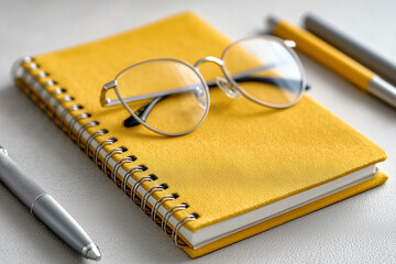 Fototapeta premium A bright yellow notebook sits open, accompanied by stylish glasses and two pens, creating an inviting workspace ideal for writing and brainstorming.