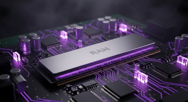 Cutting edge RAM technology with glowing purple circuits for modern computing and innovation