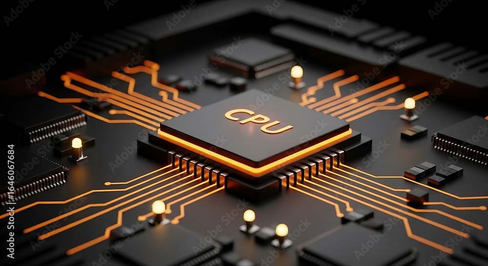 Poster modern cpu processor unit with vibrant circuitry for technology and innovation concepts