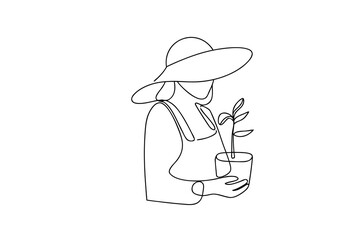 Woman wearing hat overalls holding potted plant with leaves single line vector