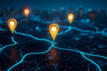 Vibrant Digital Map with Geolocation Markers Illuminating a Cityscape in a Futuristic Style