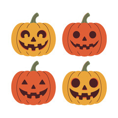 Four happy jack-o'-lanterns for festive Halloween decor vector clipart, isolated on white background.