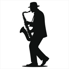 Naklejka premium Silhouette of a saxophonist performing on stage in bold black-and-white vector style, ideal for music promotion, teaching resources, posters, branding, and dynamic media design projects for education.