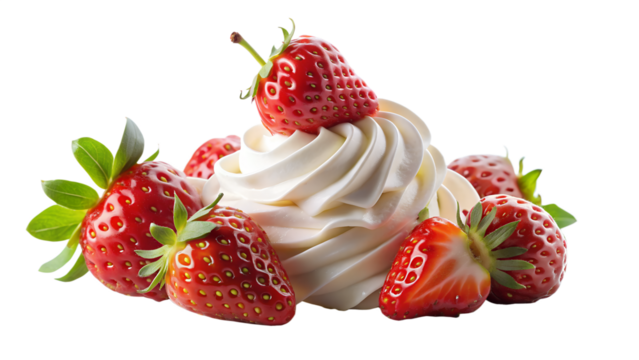 Fresh strawberries with whipped cream isolated on transparent background, a delicious and sweet dessert for summer time
