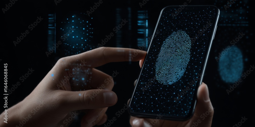 Poster fingerprint authentication technology: high-tech hand holding smartphone with digital fingerprint on