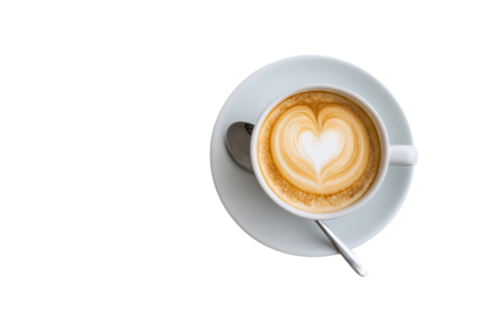Flat lay of a white table with a coffee cup and spoon, heart-shaped latte art on top, with ample copy space for text in the middle, against a white isolated on a transparent background in PNG format.