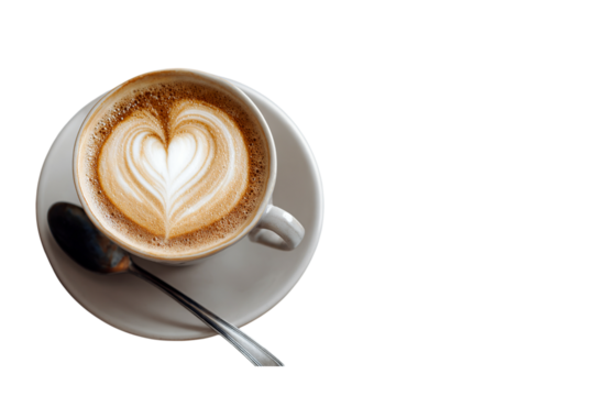 Flat lay of a white table with a coffee cup and spoon, heart-shaped latte art on top, with ample copy space for text in the middle, against a white  isolated on a transparent background in PNG format.