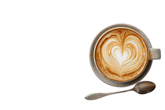 Flat lay of a white table with a coffee cup and spoon, heart-shaped latte art on top, with ample copy space for text in the middle, against a white  isolated on a transparent background in PNG format.
