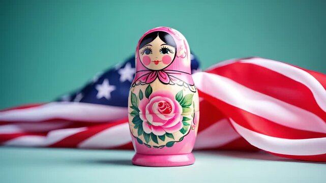 Russian nesting doll and American flag background