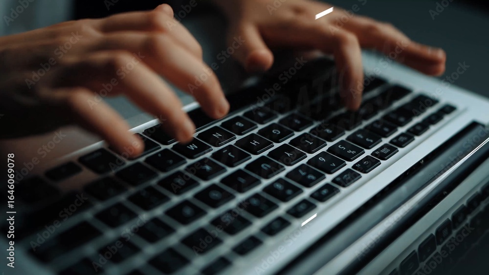 Poster close-up of hands typing on a laptop keyboard in a dimly lit environment for remote work or study. a